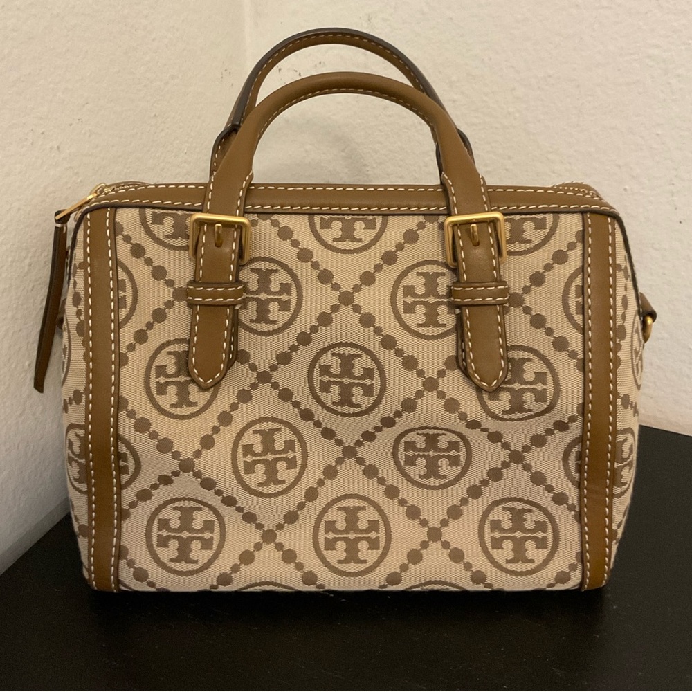 EUC Tory Burch Beige and Brown Logo Canvas Satchel - Picture 5 of 7
